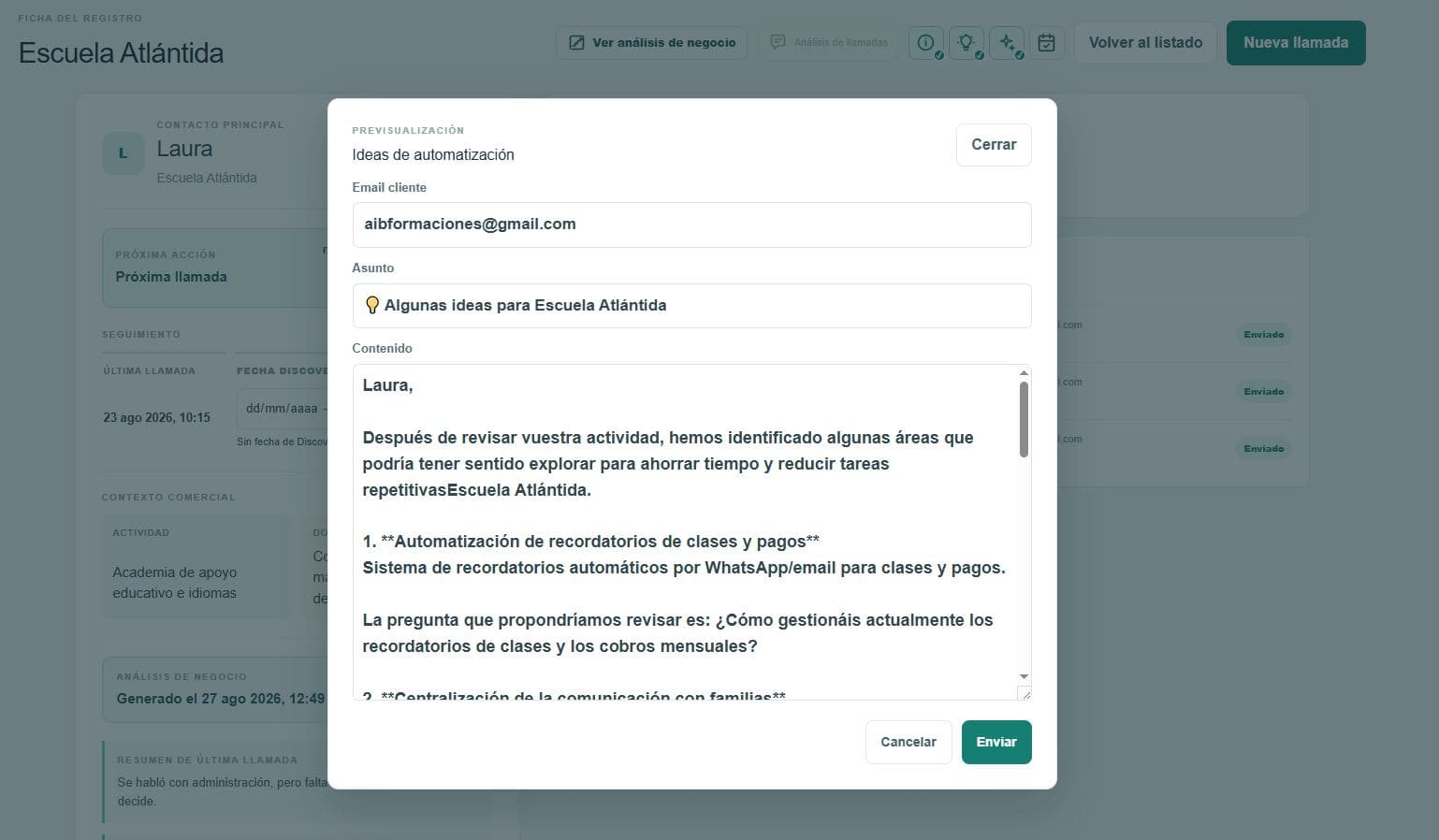 Ideas de email sugeridas para un Lead