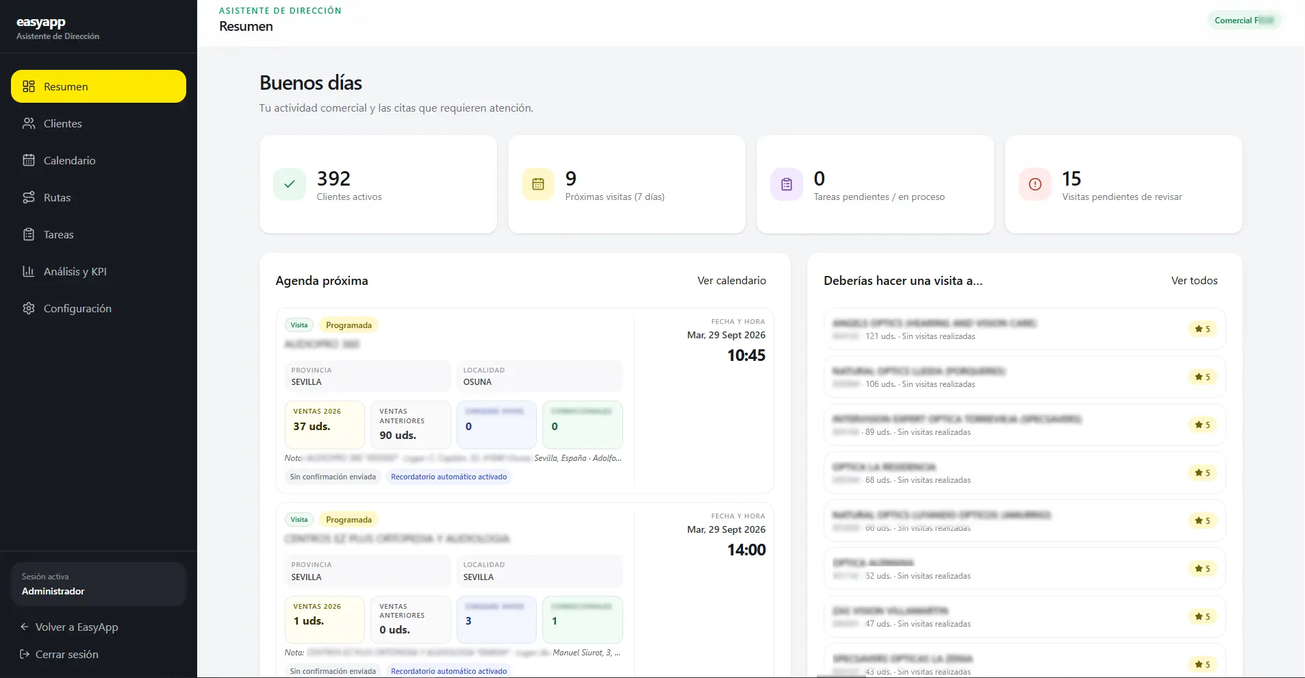 Aplicación ADC para gestionar equipos comerciales y rutas de visita