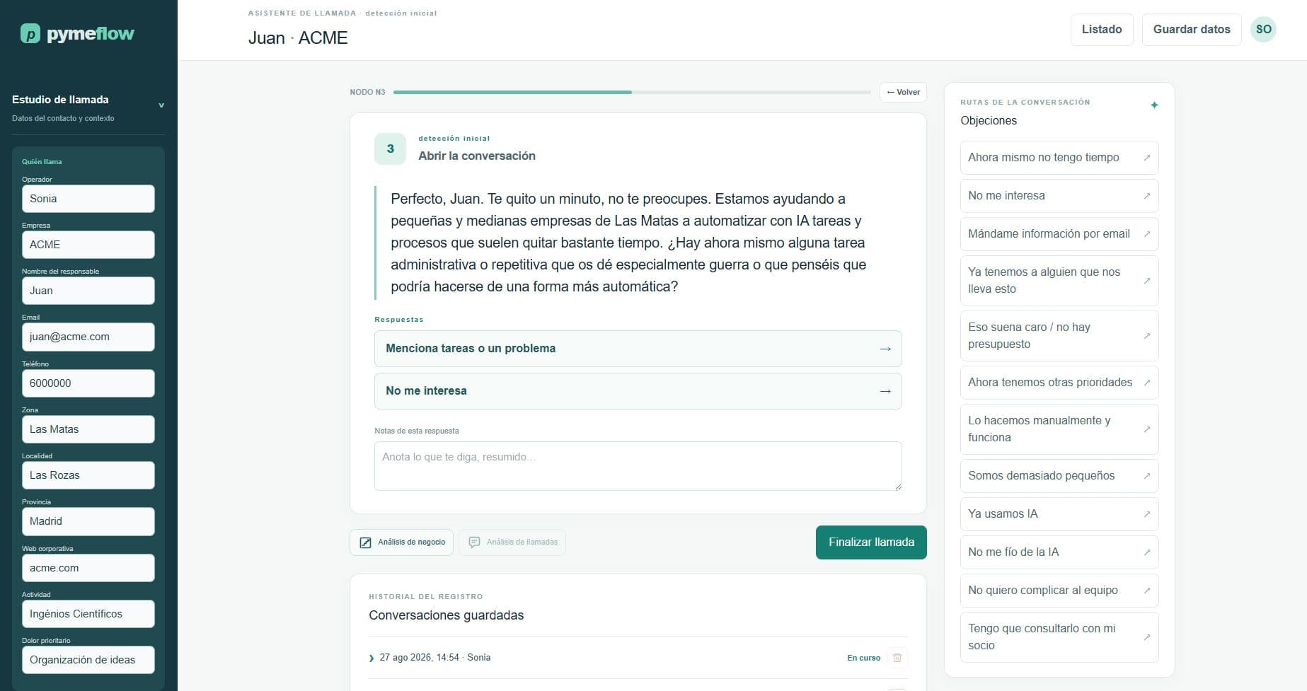 Flujo de conversación guiado de Pymeflow Cold Call